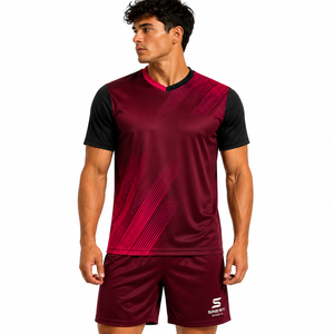 Conjunto de Camiseta de Fútbol para Hombre SINEWY SPORTS, Cuello en V, Manga Corta, Rojo y Negro, Estampado Geométrico, Absorbe la Humedad, Transpirable, Secado Rápido - Product Image 5
