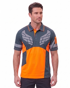 custom mens diagonal split safety polo shirts <b>neon</b> yellow charcoal grey reflective stripe hi vis workwear short sleeve work <b>top</b> - Product Image 3