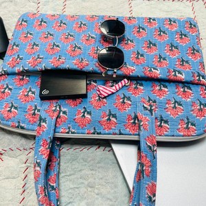 Lovely Textile Cosmetic Bag With String Closure Blue Pink Floral Pattern <b>Medium</b> Size Multi-Function Portable Travel Case - Product Image 3