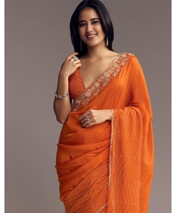 KV Women's <b>Orange</b> Organza Embellished Designer <b>Saree</b> with Unstitched Blouse - Product Image 1