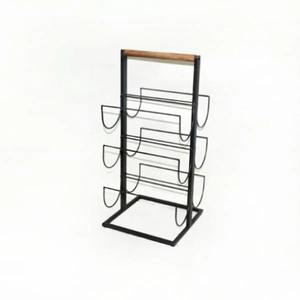 Porte-bouteilles à vin moderne noir en fil métallique avec poignée en bois, rangement vertical, support portable pour bouteilles de vin - Product Image 3