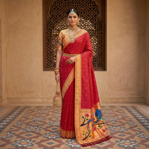 <b>Red</b> <b>Silk</b> Saree With Peacock And Floral Zari Weaving Women Traditional Wedding Wear Indian Style - Product Image 1