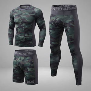 Camo Printed Three Piece Rash Guard Set Long Sleeve <b>Compression</b> <b>Shirt</b> Sports Leggings Base Layer Shorts Gym Wear Breathable - Product Image 1