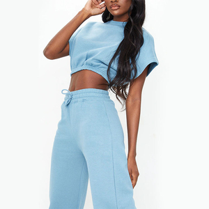 Pantalon en molleton pour femme, taille haute, coupe ample, jambe large, longueur intégrale, bleu clair uni, décontracté, avec cordon de serrage, tricoté, style automne - Product Image 2
