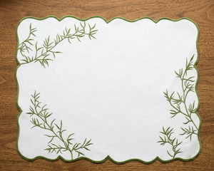 Embroidered Linen Reusable Place Mat and Napkin Set with Green Botanical Pattern Scalloped Edges for Banquet & Wedding Use - Product Image 3