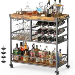 Industrial 3-Tier Bar Cart with Removable Wood Tray Mobile <b>Serving</b> <b>Trolley</b> Wine Rack and Glass Holder for Dining Room Decor - Product Image 2