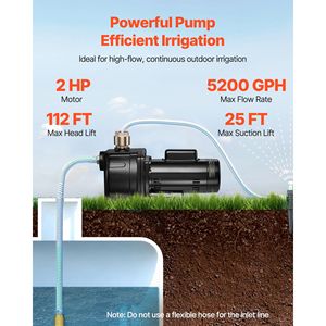 Bomba de chorro para pozo poco profundo de hierro fundido de 2 HP y 230 voltios con 5200 GPH, elevación máxima de 112 pies, protección térmica y válvula de retención - Product Image 2