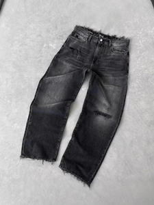 Jean cargo unisexe délavé moyen, couleur unie, avec déchirures, effet délavé à l'acide, taille haute, style streetwear décontracté - Product Image 1