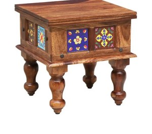Solid Wood Bedside <b>Table</b> with Ceramic Tile Inlay | Traditional Rajasthani <b>Side</b> <b>Table</b> | Antique Style Accent <b>Table</b> - Product Image 5