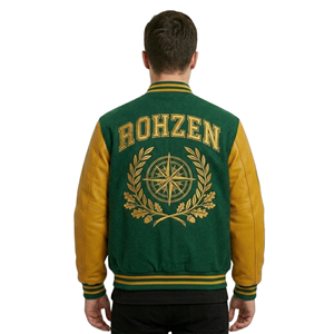 High Quality ODM OEM Customized Men’s Varsity <b>Jacket</b> Green Wool Leather <b>Jacket</b> Gold <b>Red</b> Patch Embroidery Streetwear Outerwear - Product Image 3