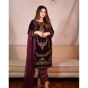 ผ้ากำมะหยี่ปักลวดลายพื้นด้านล่างสำหรับนักออกแบบพร้อมไวน์ dupatta - Product Image 1