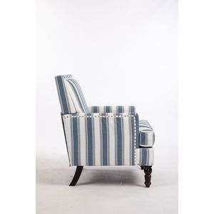 Poltrona Vintage Imbottita per Soggiorno in Tessuto di Lino a Righe Blu e Bianche con Finitura a Borchie - Product Image 4