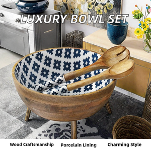 <b>Large</b> 12'' Bamboo <b>Salad</b> <b>Bowl</b> 100 oz Polished Eco-Friendly Kitchen Counter Serving <b>Bowls</b> for Fruit Modern Handmade From India - Product Image 6