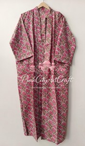 Hand Block Print Pink Floral Cotton Kimono Robe Artisanal Summer Bathrobe <b>Lightweight</b> Maternity <b>Dressing</b> <b>Gown</b> Long Nightwear - Product Image 5