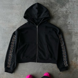 Sudadera Negra con Capucha y Cierre, Mangas con Pedrería, Corte Regular, Unisex, Informal, para Otoño - Product Image 1