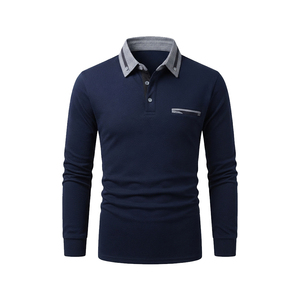 Polo en tricot à manches longues, couleur unie, design décontracté avec poche poitrine, fabrication OEM, polos décontractés pour hommes - Product Image 2