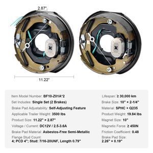 Conjunto de Frenos Eléctricos para Remolque, 10'' x 2-1/4'', 1 Par, Kit de Frenos Eléctricos Autoajustables, 3500 Libras, Eje de 4 Orificios, para Camiones - Product Image 4