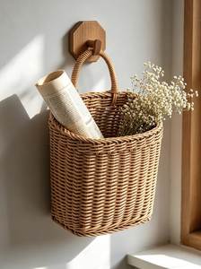 Cesta de Almacenamiento de Mimbre para Montar en la Pared, de un Solo Nivel, Estilo Rústico, Hecha a Mano, Ecológica, Organizador Colgante Multifuncional para Sala de Estar - Product Image 5