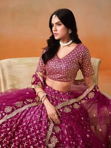 Purple Embroidered Organza <b>Lehenga</b> Set Crop Top Dupatta A-Line Floor-Length Bridesmaid Dress V-neck Backless Natural Waistline - Product Image 2