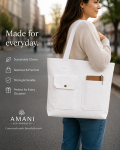 <b>White</b> Canvas Fashion Tote <b>Bag</b> 16 in with Front Pockets Customized Closure for Shopping & Travel - Product Image 3