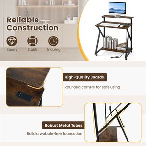 Scrivania Mobile Marrone Rustico da 32 Pollici, Tavolo per Computer Regolabile con Supporto Monitor e Presa di Corrente, in Legno - Product Image 4