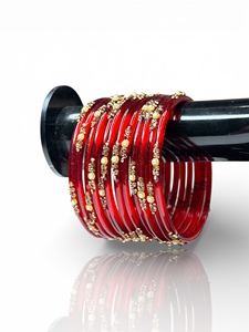 Trendy Gold Plated Bright Red Traditional Glass Bangles with Emerald Cut Pearl Indian Wedding & Festive Jewellery - Product Image 4