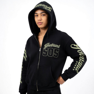 Sudadera con capucha negra personalizada para hombre, con cremallera, estilo francés, corte regular, estampado 505, informal, para otoño, unisex. - Product Image 4