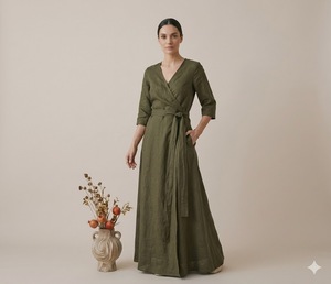 Vestido Largo de Algodón para Mujer, Cuello en V, Mangas Tres Cuartos, Corte Holgado, Estilo Vintage, Transpirable, Ropa Casual de Verano, Diseño OEM - Product Image 1