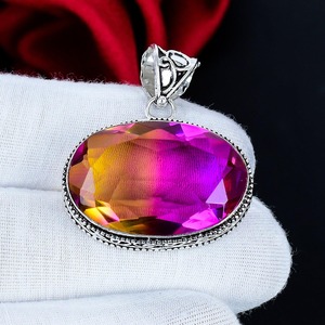 Pendentif bicolore en tourmaline serti clos, en argent sterling 925, fait main, ovale, à facettes, style bohème, cadeau de mariage, pour fête - Product Image 3