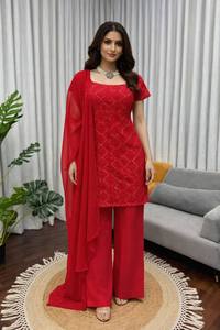 TOP PLAZZO Ensemble moderne en Georgette Foux lourde avec broderie de sequins chinois, idéal pour les occasions festives, séchage rapide, coupe classique - Product Image 4