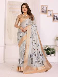 crane bird print soft silk <b>saree</b> with golden zari border luxury party wear designer <b>saree</b> with <b>blouse</b> - Product Image 3