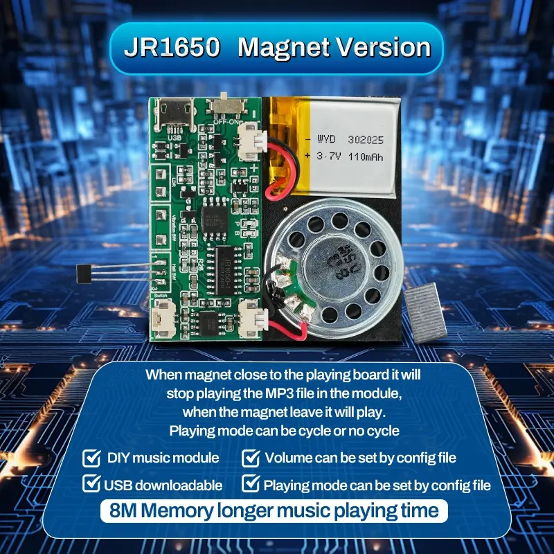 DIY संगीत रिकॉर्डिंग के लिए कंपन-सक्रिय 8M मेमोरी आकार USB डाउनलोड करने योग्य साउंड चिप वॉयस मॉड्यूल स्पीकर