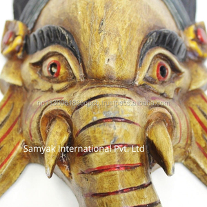 Masque de Ganesha en bois sculpté à la main, décoration murale d'art populaire, objet de collection, fait main au Népal - Product Image 1