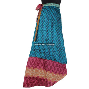 Indian Old Saree Reversible Print Silk Long <b>Wrap</b> Skirt Recycled Silk Saris Style Skirts <b>Sarongs</b> Skirts Wholesale Manufacturer - Product Image 4