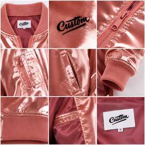 Custom <b>Men's</b> Rose Gold Satin Winter Bomber <b>Jacket</b> Front Embroidered Logo Streetwear Stand Collar <b>Pullover</b> Closure Customizable - Product Image 5