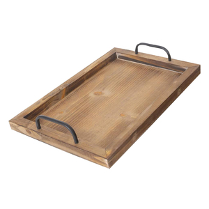 Bandeja para servir Rectangular de madera de pino natural de color quemado rústico para uso en comedor de hogar y restaurante con asas de metal al mejor precio - Product Image 4