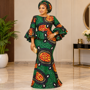Green <b>Orange</b> Luxury African Wax Print Ankara Fabric Geometric Circle Pattern for <b>Women</b> Dressmaking - Product Image 2