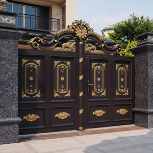 Portail double d'entrée de luxe brun foncé avec panneaux floraux dorés, couronne ornementale et design extérieur résidentiel élégant - Product Image 4