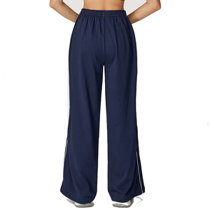 Pantalon large bleu marine taille haute avec bande latérale et cordon de serrage, longueur intégrale, en Spandex et Polyester respirant, pour femme, vêtement de sport - Product Image 5