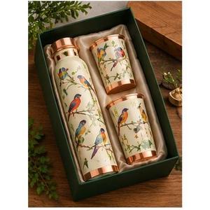 Copper <b>Water</b> Bottle Set With <b>Bird</b> Pattern Portable Thermos Drinkware Gift Boxed Oriental Design - Product Image 1