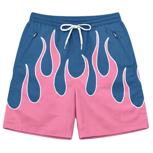 กางเกงขาสั้นผ้าโพลีเอสเตอร์ตาข่ายพรีเมียม 160 GSM สีน้ำเงินชมพู ลายพิมพ์เปลวไฟแบบ Sublimation ดีไซน์แผงต่อผ้า พร้อมโลโก้สั่งทำพิเศษ ทรงสปอร์ต - Product Image 1