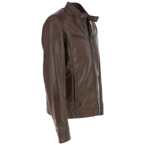 Men's Brown PU Leather Moto Jacket Slim Fit Stand Collar Zipper Closure Regular Sleeve Autumn Style - Product Image 5