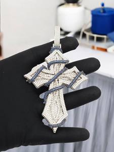 Iced Radiant Cut Moissanite <b>Charm</b> Cross Pendant Blue Accent Stones Rhodium 925 Sterling <b>Silver</b> Hip Hop Jewelry for Parties - Product Image 3