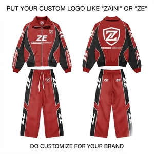 ZAINI 300 GSM Premium Polyester Interlock Windbreaker <b>Suit</b> <b>Men</b> Winter Hooded Casual <b>Red</b> Black Panel Custom Heat-Transfer Logo - Product Image 1