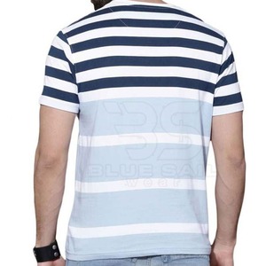 T-shirt à manches courtes rayé pour homme, col rond, coupe classique, style décontracté, tissu tricoté, motif bleu et blanc - Product Image 1