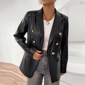 Elegante Blazer Vintage in <span class=keywords><strong>pelle</strong></span> sintetica da <span class=keywords><strong>donna</strong></span> Blazer doppiopetto in nero con abiti di lunga lunghezza spessi - Product Image 5