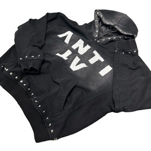 Zip up Black Wash Sun Faded Hoodies Cropped Distressed Embroidered <b>Patches</b> Hoodie Blank Custom Distressed Hoodies FOR MEN - Product Image 2