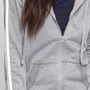 Sweat-shirt gris à capuche entièrement zippé pour femme, coupe classique avec poche, en mélange de coton tricoté, pour l'automne, manches longues - Product Image 2