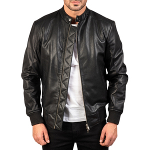 Men's Black Slim Fit Stand Collar Bomber Jacket Zipper PU Leather <b>Coat</b> - Product Image 5