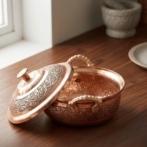 Olla de cobre Degchi hecha a mano en Kashmir con tapa – Diseño floral Naqashi grabado a mano - Product Image 3